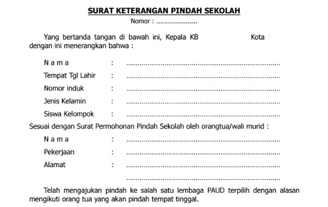 Contoh Surat Keterangan Pindah Sekolah Siswa