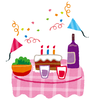 パーティーのテーブルのイラスト「ケーキとワインとクラッカー」