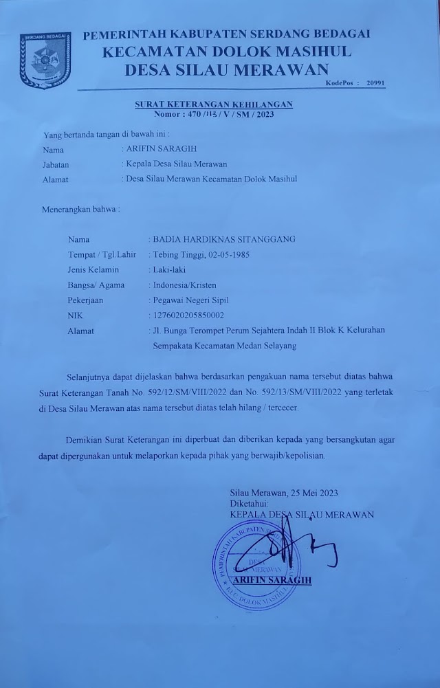 Tercecer Dua Buah Surat Tanah Desa Atas Nama Badia Hardiknas Di Kota Tebing Tinggi 