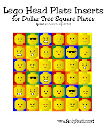 Have a fun Lego dinner party with this printable plate insert for the square Dollar Tree glass plates.  Simply print, cut, and glue or tape to the back of each plate for a fun addition to your Lego party. 