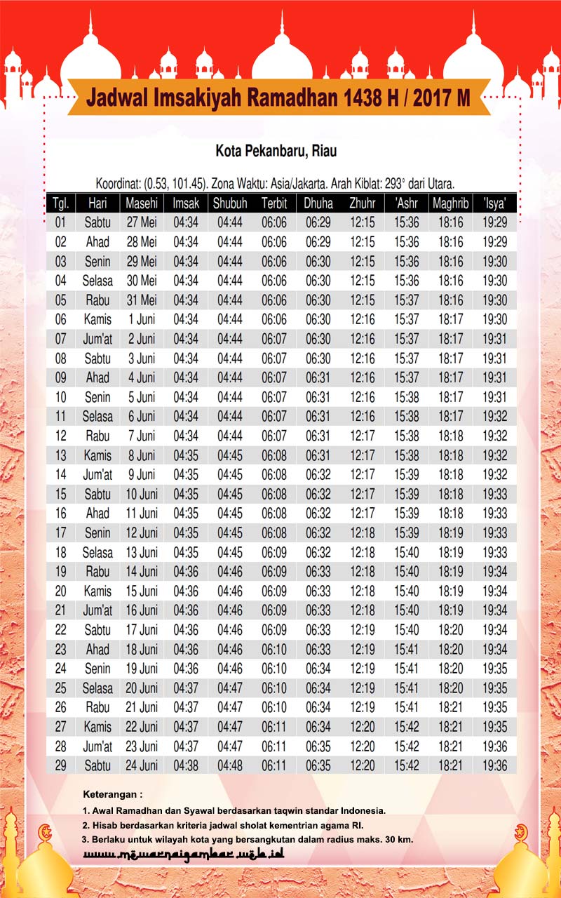 Jadwal Imsakiyah Ramadhan Pekanbaru 2017 M 1438 H 