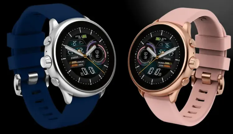 Two versions of Fossil Gen 6 Smartwatch in blue and brown with a black back