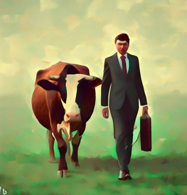 A full suit salesman is walking beside a cow on a grass field