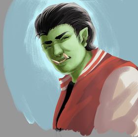 An orc in a leather jacket with great hair