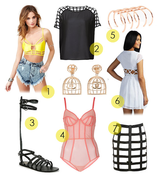 cage trend, cage bikini, chanel cage earrings, strappy sandals, cade bodest, cage dress, cade leather skirt, cage top, cage bracelet, where to buy and how to get the uk cage fashion trend, styling