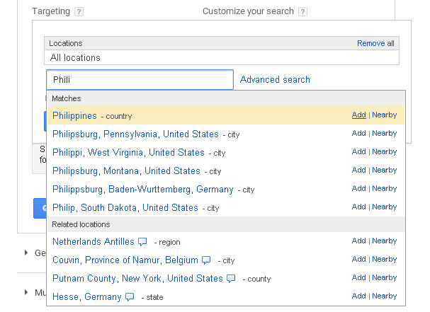 target location - google keyword planner