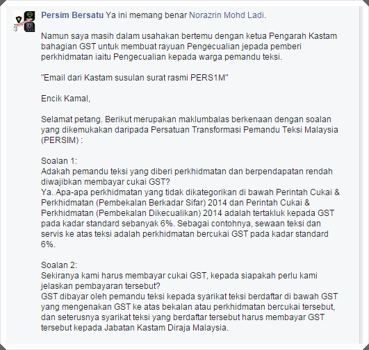 GST Untuk Pemandu Teksi Dikuatkuasa Bermula 1 April 2015 