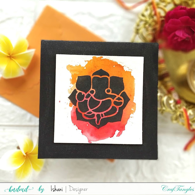 You tube tutorial - Ganesha card, Diwali card ideas, CrafTangles Stencil - Small Gansesha, CrafTangles watercolors, Craftangles, stencil card, Money Envelope, Festive cards, Rakhi Cards, Indian theme cards, Ink blending, water colouring, Splash water colouring, Quillish, 