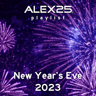 Purple fireworks with the text 'ALEX25 playlist' an  the text 'New Year's Eve 2023'