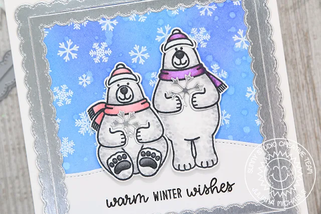 Sunny Studio Stamps: Playful Polar Bears Fancy Frames Snow Flurries Winter Themed Holiday Card by Juliana Michaels