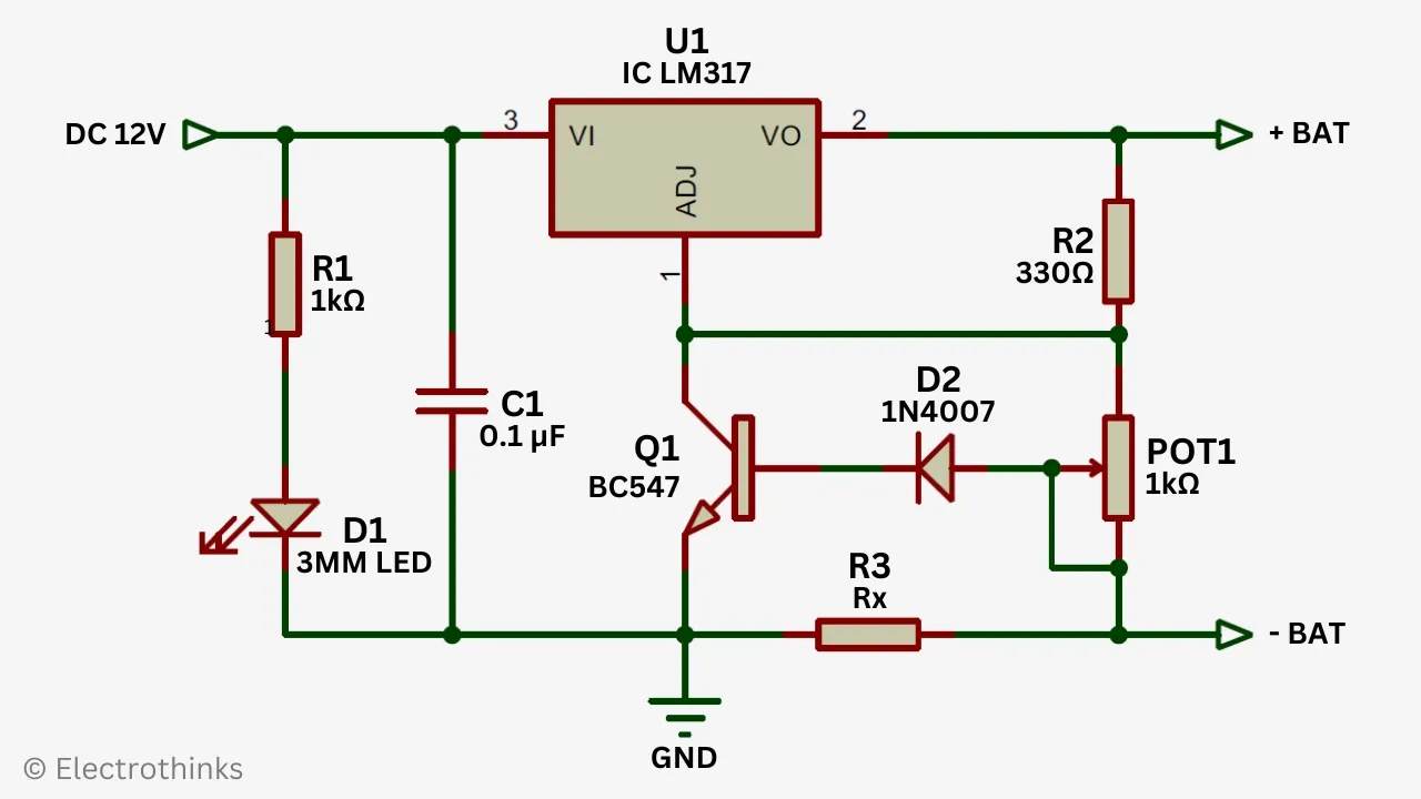 Schematic of single Cell charger circuit using LM317 voltage regulator