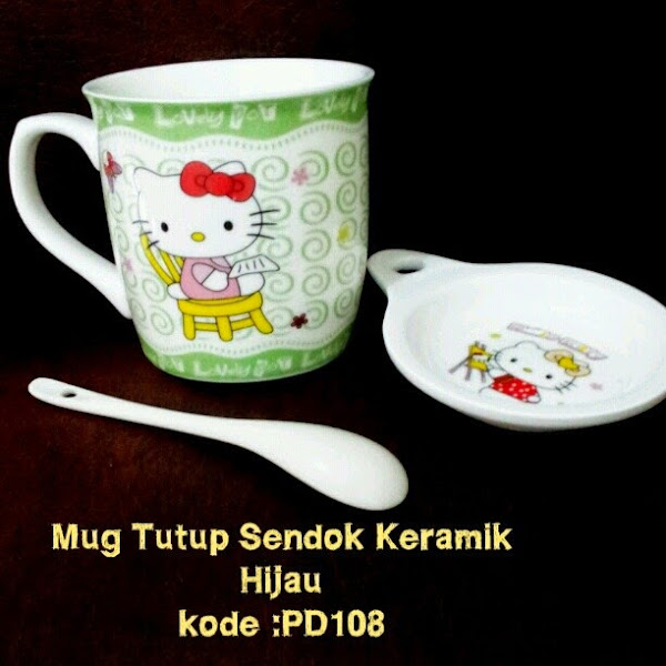 Mug Sendok Tutup Hello Kitty Murah Grosir Ecer Hijau