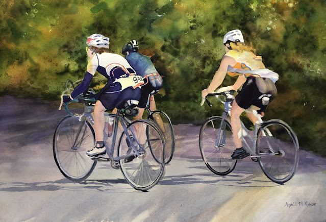 Watercolor paitning of three cyclists in a bike race.