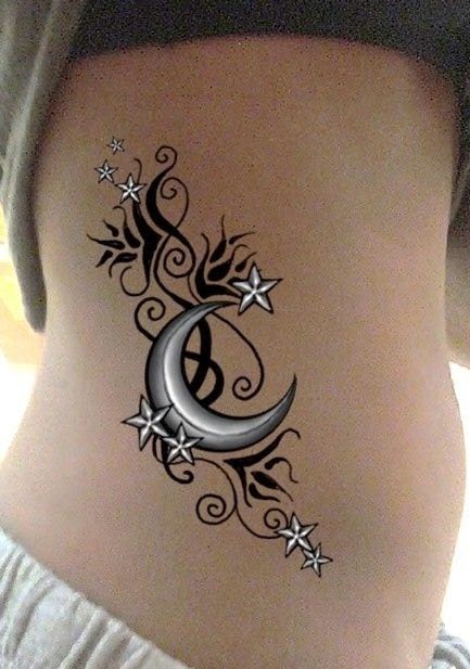 Black White Miami Ink Star Tattoos, Tattoos of White Black Design, White Black Women Hip Tattoos, Women Hip with Star Moon Tattoos, Little Star Moon Tattoos Design on Women Hip, Parts, Women, Nature,