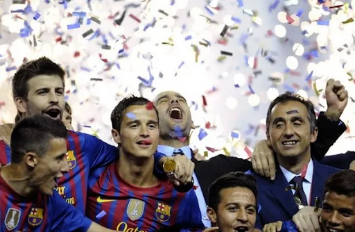 Pep Guardiola celebrates his last victory as Barcelona coach with the Copa del Rey triumph