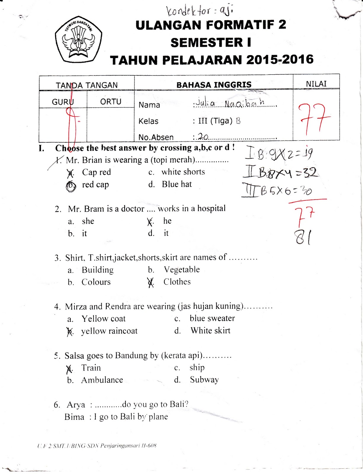 formatif2 Bahasa Inggris SD Kelas 3 Semester Ganjil TA 2015 2016 Kurikulum 2013