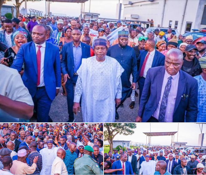 Thousand of APC supporters welcome Gov. Lalong as he returns to plateau state after his unveilment as Tinubu campaign DG