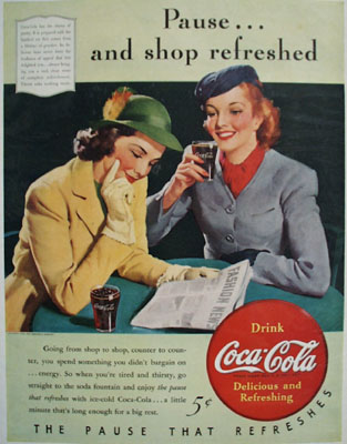 Vintage Coke ad that show the slogan "the pause that refreshes."