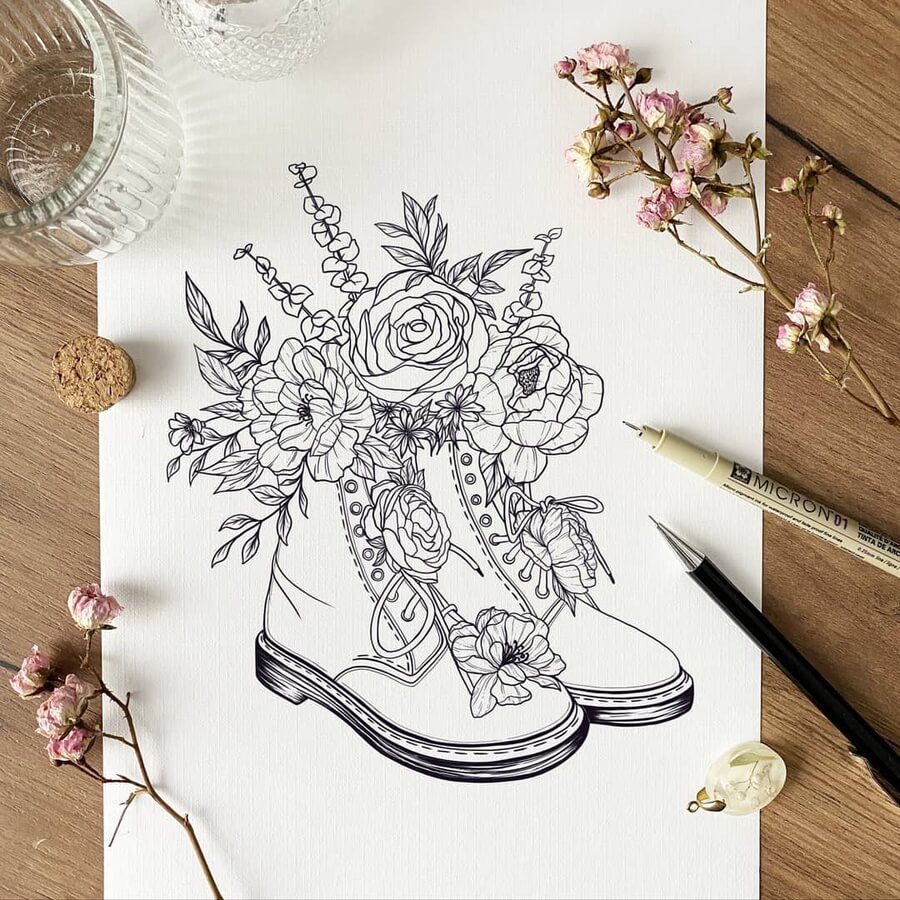 10-Boots-and-flowers-Fantasy-Drawings-Marina-Tim-www-designstack-co
