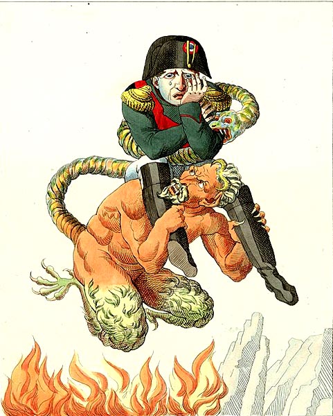 a political cartoon of Napoleon on a devil's back