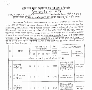 HEALTH DEPARTMENT JANJGIR CHAMPA RECRUITMENT : स्वास्थ्य विभाग में नर्स वार्ड बॉय आया टेक्नीशियन एवं 55 पदों की भर्ती