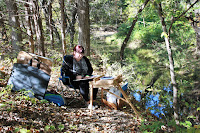 an artist sits in the woods working on plein air artwork