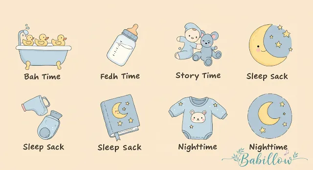 Bedtime Routine for Baby with Icons (Bath, Bottle, Book, Sleep Sack, White Noise)