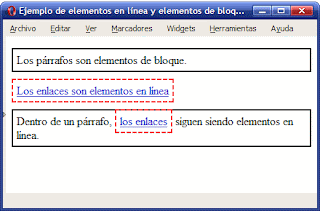 Imagen de una pantalla con las frases: los párrafos son elementos de bloque. Párrafo aparte se lee: los enlaces son elementos en línea (dicha frase es un hipervínculo escrito en el color azul caracteristico). Tercer párrafo dice: dentro de un párrafo, los enlaces (escritos en azul como hipervínculos) siguen siendo elementos en línea.