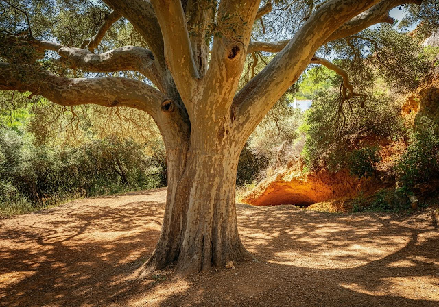 A large, gnarled tree with a textured trunk casts intricate shadows on a sunlit path surrounded by lush greenery.