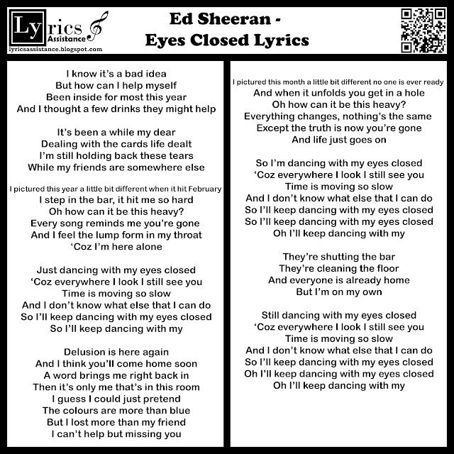 Ed Sheeran - Eyes Closed Lyrics | lyricsassistance.blogspot.com