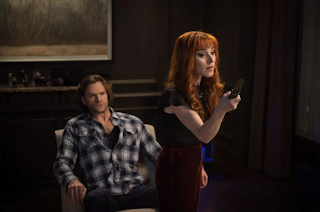 Jared Padalecki as Sam Winchester and Ruth Connell as Rowena in Supernatural 13x19 "Funeralia"