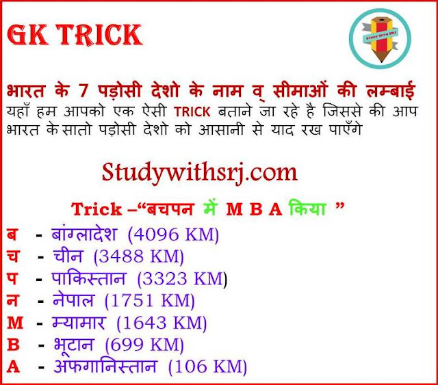 भारत के पड़ोसी देशो के नाम व सीमाओं की लम्बाई  (Names and boundaries of neighboring countries of India) G.K Tricks