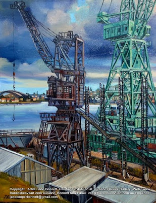 Plein air oil painting of heritage cranes on Cockatoo Island by industrial heritage artist Jane Bennett