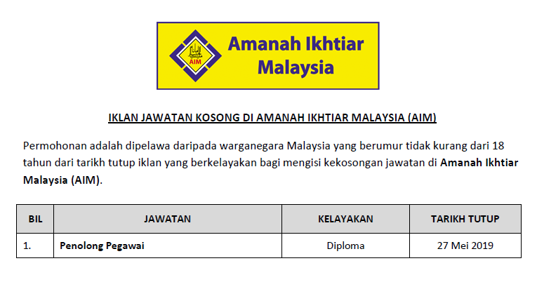 Jawatan Kosong di Amanah Ikhtiar Malaysia (AIM 