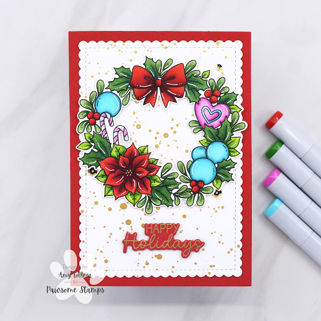 Holiday Wreath Stamp and Die Set illustrated by Agota Pop, Holly Jolly Sequin Mix by Pawsome Stamps #pawsomestamps #handmade