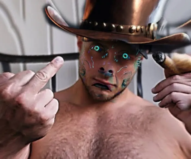 Cowboy with glowing green eyes smoking a cigar and giving the middle finger