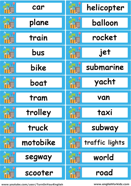 ESL transport flashcards with words