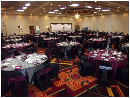 A red and black color theme was evident in the table linens and chair covers