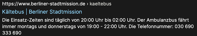 Kältebus (von 20.00 bis 2.00 Uhr): 030 690 333 690, Wärmebus (18.00 bis 24.00 Uhr: 030 600 300 1010