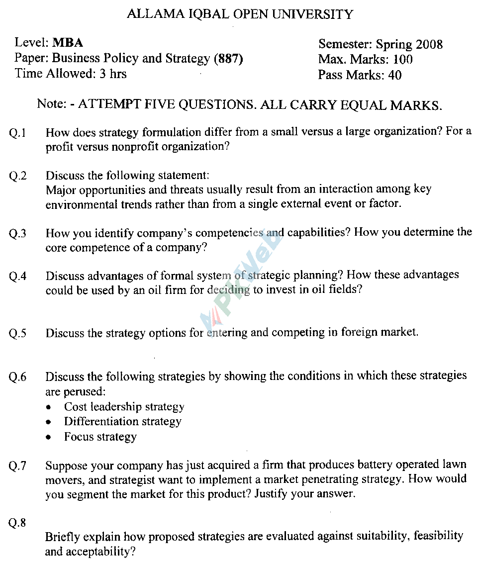 AIOU Code 887 Business Policy and Stratigy Spring 2008