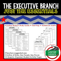 Executive Branch Outline Notes, Civics Test Prep, Civics Test Review,Civics Study Guide, Civics Summer School Outline, Civics Unit Reviews, Civics Interactive Notebook Inserts
