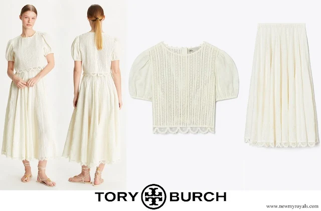 Queen Maxima wore Tory Burch Linen Lace Cropped Blouse and Lace Skirt