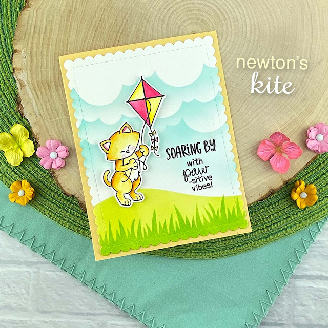 Cat Kite Card by Jennifer Jackson | Newton’s Kite Stamp Set, Clouds Stencil, Hills & Grass Stencil and Frames & Flags Die Set by Newton’s Nook Designs #newtonsnook