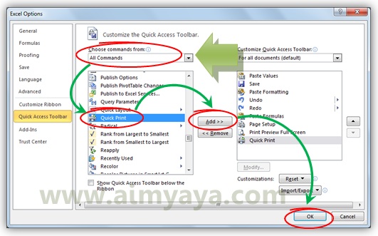  Gambar: Cara menambahkan tombol quickprint melalui Excel Options di microsoft excel 2010