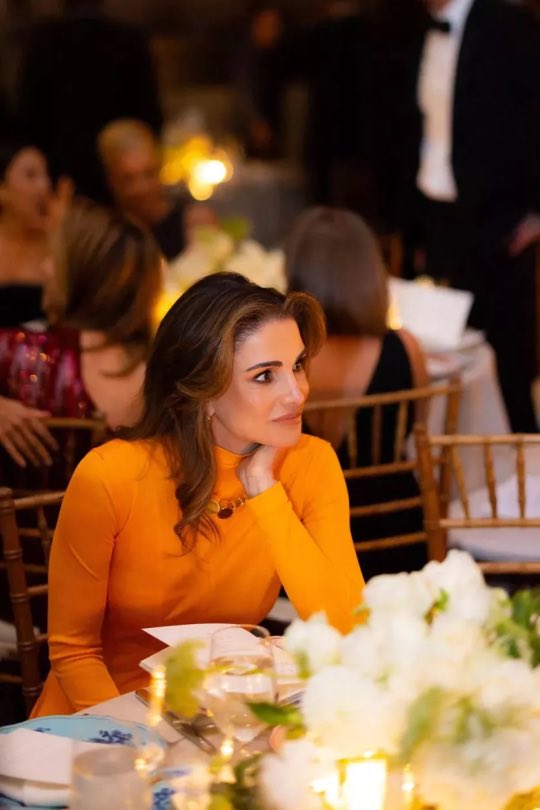 Queen Rania of Jordan in gorgeous Bottega Veneta at Kering Foundation Dinner