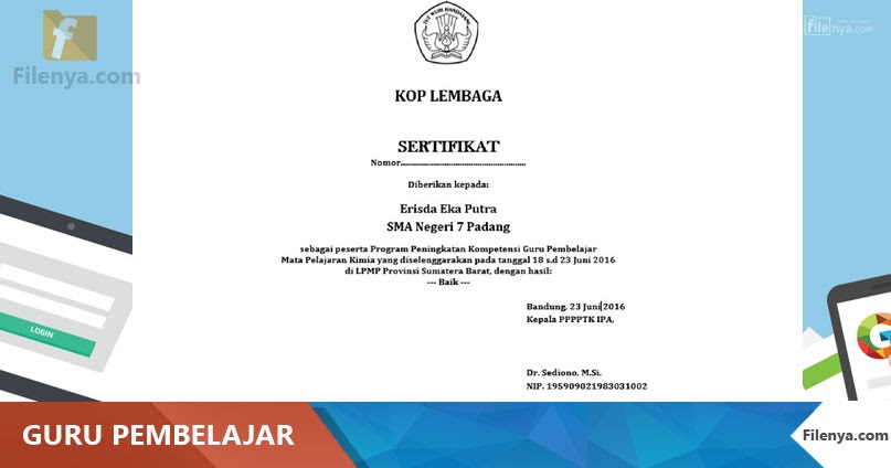 CONTOH FORMAT SERTIFIKAT GURU PEMBELAJAR - FileNya