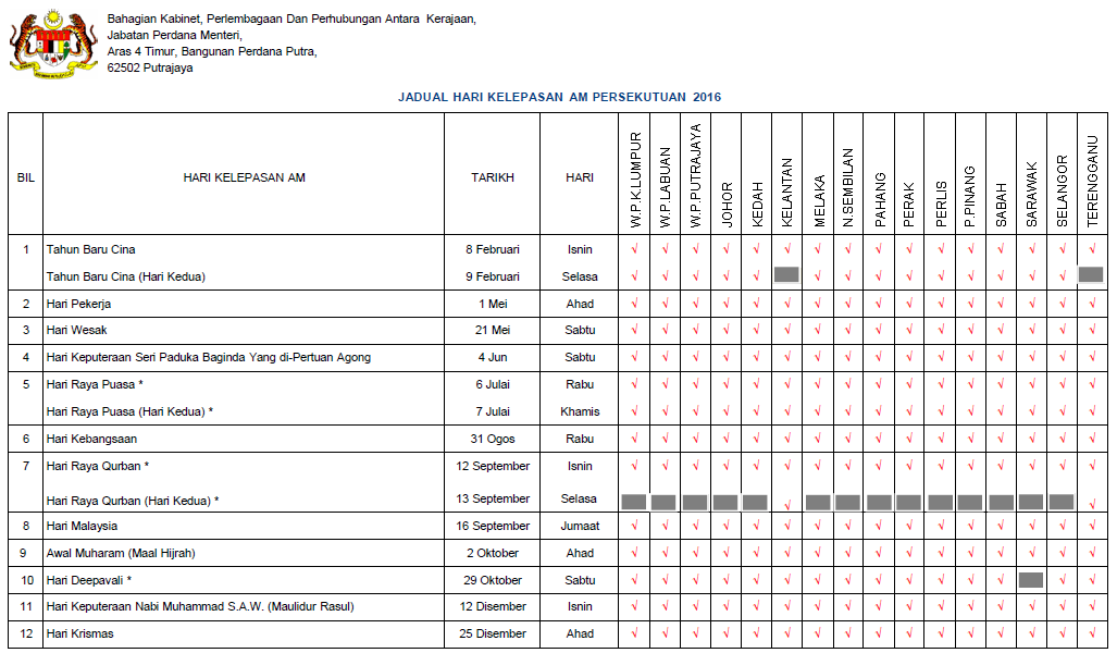 Kalendar Rasmi Cuti Pelepasan Am 2016 Malaysia