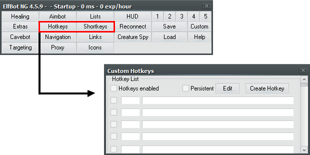 Imagem mostrando Elfbot e como chegar na aba de Hotkeys ou Shotkeys