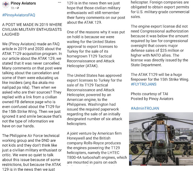 Screenshot of the Pinoy Aviator's Facebook Page Post about the T129 Helicopter on 05/22/21