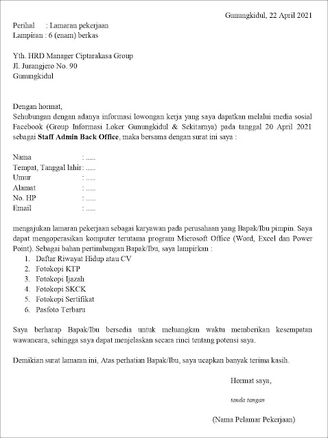 Contoh Surat Lamaran Kerja Untuk Staff Admin Back Office ...